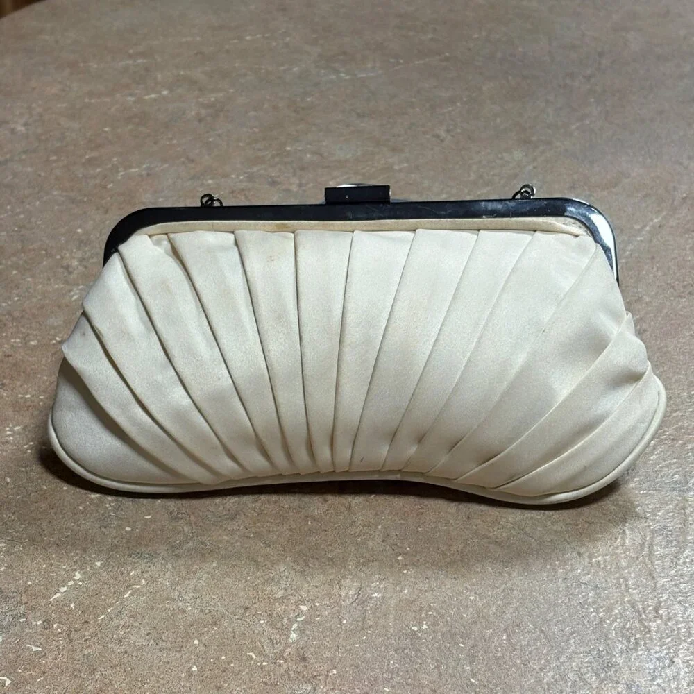 Vintage Kate Landry Pleated Satin Clutch Silver Chain Strap & Rhinestone Clasp - Picture 5 of 16